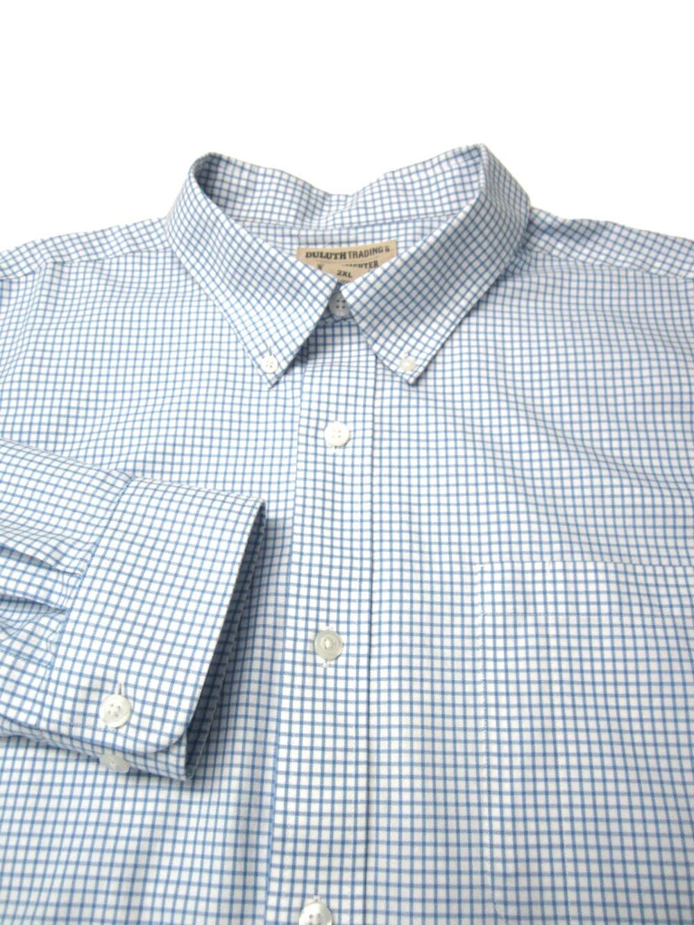 Duluth Trading Co Mens Size 2XL Wrinklefighter Blue White Plaid Check Shirt